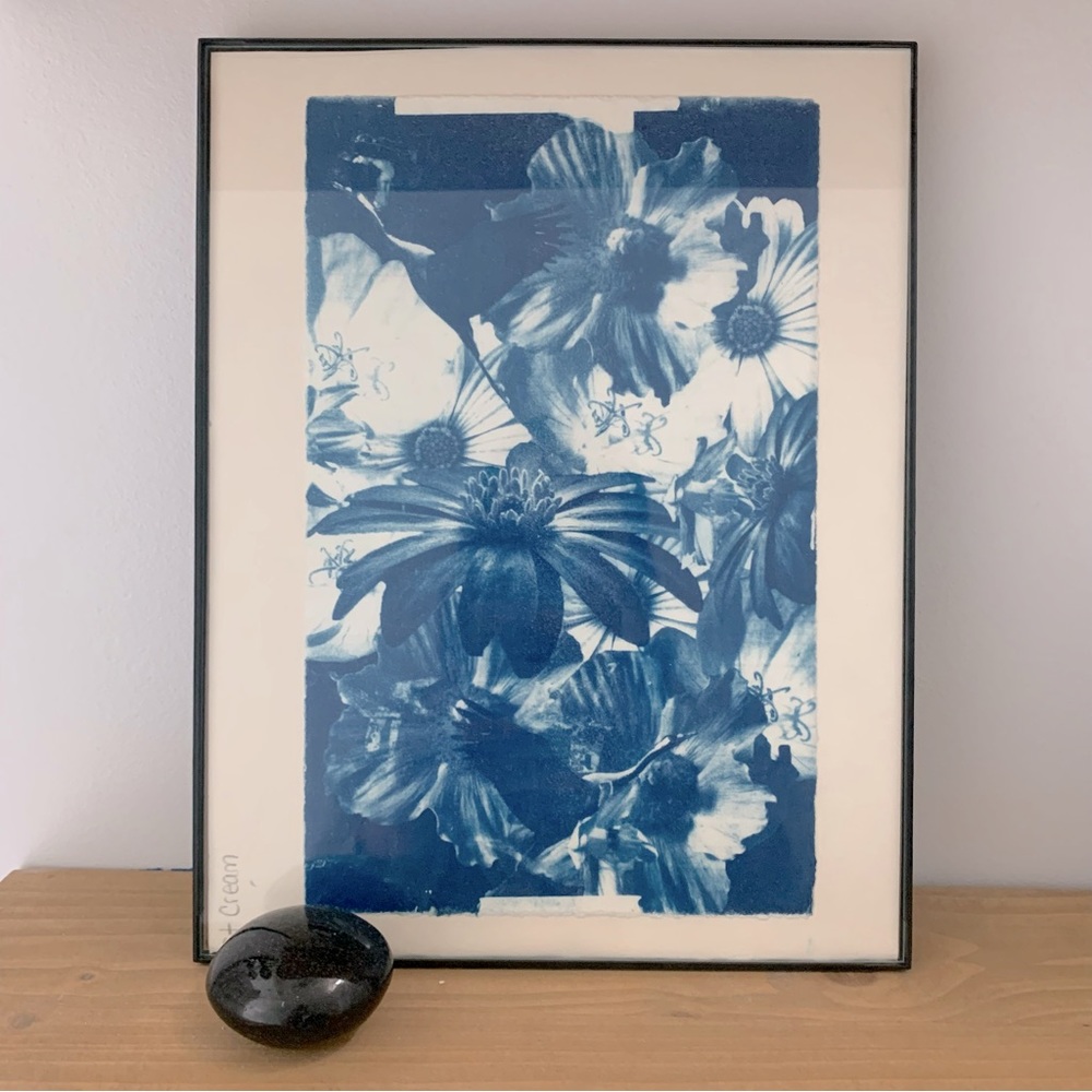 Cyanotype Original Hand Made Crane & Flowers Print